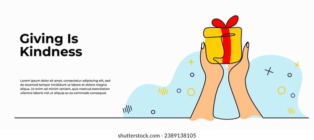 World Kindness Day vector illustration of giving gifts. Modern flat in continuous line style.