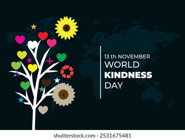 World Kindness Day Vector Illustration with Hearts and Helping Hands observed on November 13. suitable for banners, cards, social media feeds. flower vector, star vector, world map , heart. 