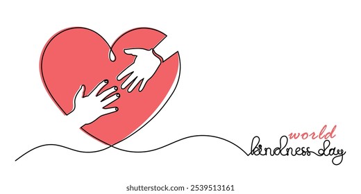 World Kindness Day.continuous line global kindness vector Illustration on November 13 with a heart shape.Helping Hands in Heart concept.World Kindness Day template for background, banner,card,poster.