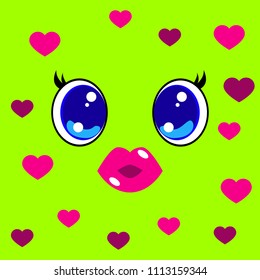 World Kiss Day. 6 July. Kawai style - eyes and lips, hearts. Concept of design for a banner, greeting card, T-shirt, print, poster.