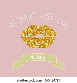World Kiss Day 6 July.Gold lips flat illustration on pink background.Gentle colors.