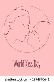 World kiss day. Kissing loving couple. A man and a woman. Template for card, poster, flyer, print. Vector illustration.