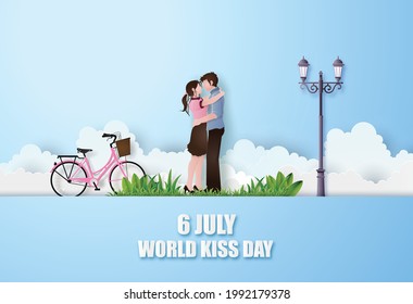 world kiss day. Man and woman couple kissing. paper collage and paper cut style with digital craft .
