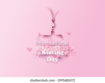 world kiss day. man and woman couple kissing. paper collage and paper cut style with digital craft .