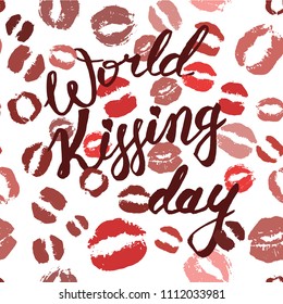 World kiss day seamless pattern. Lips prints. Mark of kiss. Hand drawn lettering