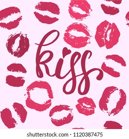 World kiss day seamless pattern. Lips prints. Mark of kiss. Hand drawn lettering