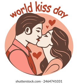 World kiss day vector background. International kissing day design template with couple in love in round shape. Vector stock isolated on a white background cartoon flat illustration. Eps10