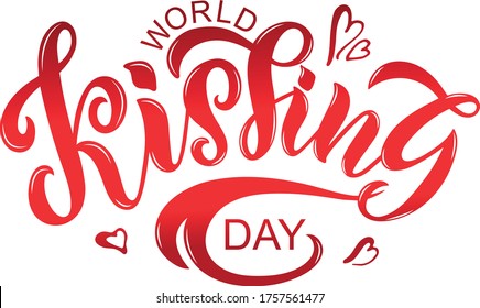 World Kissing Day handwritten text and hearts. Vector illustration isolated on white background. Modern brush ink calligraphy for poster, card, flyer, print. Hand lettering 