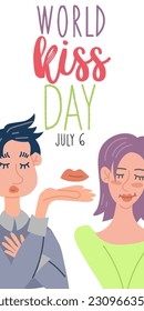 World Kissing Day. A man blows a kiss to a woman. valentine's day. Abstract illustration of love. Magical feelings. For printing, posters, postcards. A gift for a loved one. Vertical banner