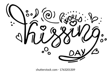 World Kissing Day phrase with doodle sketches. Hearts, dots and drops on an white background.