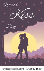 World Kissing Day vector card. Kiss outdoor man and woman under a tree. Romantic and love background with illustration summer sunset landscape. Flat template for social poster, banner.
