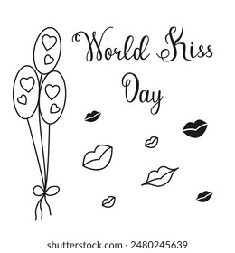 Imagen de Vector del Día Mundial del Beso en estilo doodle. Tarjeta de felicitación con Imágenes de labios, globos y corazones. Concepto de Festiva para los amantes.