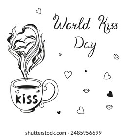 World Kissing Day vector image in doodle style. Greeting card with an image of lips, a cup of steam and hearts. Holiday concept for lovers. Template with text.