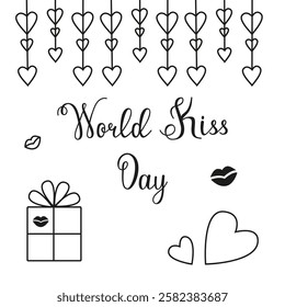 World Kissing Day vector image in doodle style. Greeting card with the image of lips, boxes with gifts and hearts. Holiday concept for lovers.