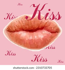 World Kissing Day. Vector of watercolor red lips on a pink background and a short phrase Kiss. Valentine Day greeting card. collage