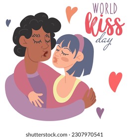 World Kissing Day. A young couple hugs and kisses. valentine's day. Abstract illustration of love. Magical feelings. For printing, posters, postcards. A gift for a loved one. Square