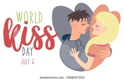 World Kissing Day. A young guy reaches out to the girl to kiss her. valentine's day. Abstract illustration of love. Magical feelings. For printing, posters, postcards. A gift for a loved one. Horizont