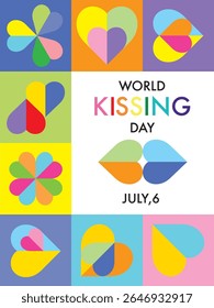 Dia mundial do beijo, 6 de julho. modelo para cartão de banner de fundo ou cartaz. Design em multi cor de quadrados e ícone de forma de coração com estilo minimalista moderno.