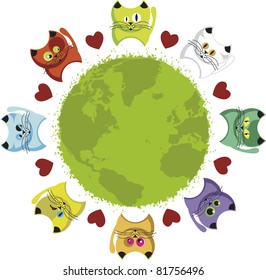 World kittens. Globe surrounded by colorful kittens and hearts.