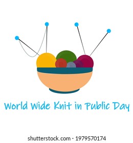 World Knitting Day in public. Multi-colored threads in a basket and knitting needles. Needlework accessories isolated on white background. Vector illustration 