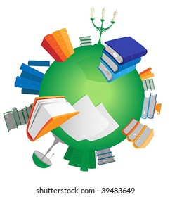 World of knowledge: books on Planet, white background. Vector illustration.