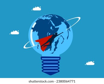 world of knowledge. Businessman hero flies around the world of light bulbs