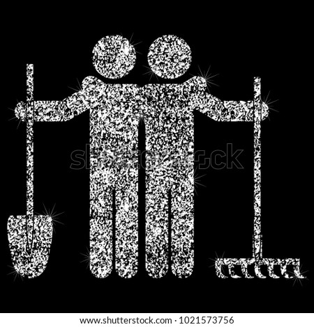 World Labor Day. 1st of May. Icons of working people. People with a shovel and rake.  Effect of diamond. Transparent silver jewelry sign.