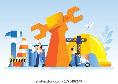 World labor day banner design with big hand hold a wrench and labor working and safety sign and big helmet