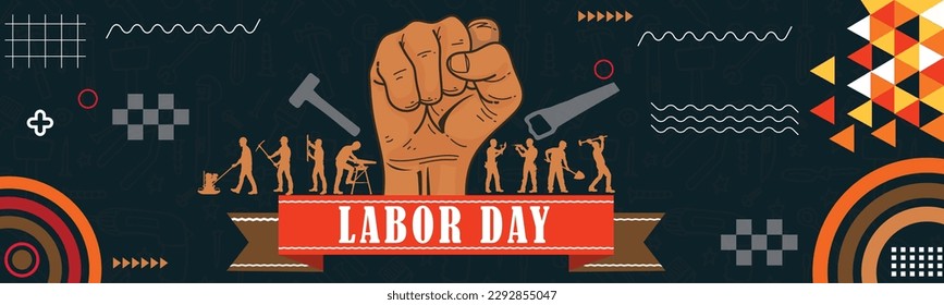 World labor day banner design with labor tools and hand fist Abstract modern geometric background