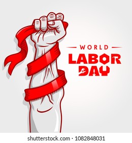 World Labor day with grey hand and red ribbon.