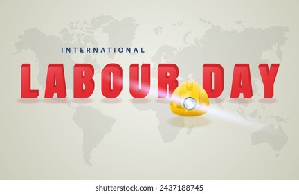 World Labor Day, text with hard hat on the background of the world map. Vector illustration.