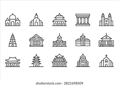 World landmark architecture line icon set with temples churches pagodas museums and historic buildings