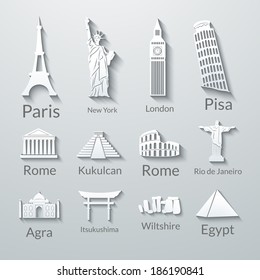 World Landmarks, Abstract Flat Paper Icons Set