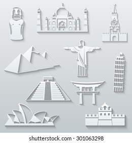 World landmarks, abstract flat paper icons set - Moai, Taj Mahal, Kremlin, Cheops Pyramid, Christ the Redeemer, Leaning Tower, Mayan Pyramids, Torii Gate, Sydney Opera House and Great Wall