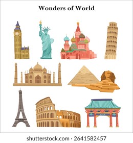 World landmarks. China, Australia, Europe, London, Sydney, Paris, Egypt, Italy, Africa, Pisa, Rome travel destinations thin line icons set. Famous buildings sights isolated linear vector illustrations