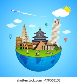 World landmarks concept. Vector illustration for travel design. Famous ancient symbol icon. Tourism city place culture architecture. Italy, Chine, USA, Egypt, Mexico, Asia. Cartoon trip tour monument.