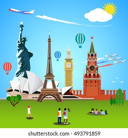 World landmarks concept. Vector illustration for travel design. People tourists
