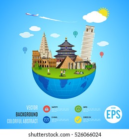 World landmarks concept. Vector illustration for travel design. Famous ancient symbol icon. Tourism city place culture architecture. Italy, Chine, USA, Egypt, Mexico, Asia. Cartoon trip tour monument.