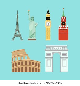 World Landmarks: Eiffel tower, Big Ben, Coliseum, Arc de Triomphe, the Kremlin,  Statue of Liberty. Icons set in flat style. Isolated.