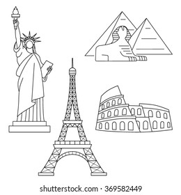 World Landmarks, Eiffel Tower, Statue of liberty, Sphinx, Colosseum. Vector line icons set.