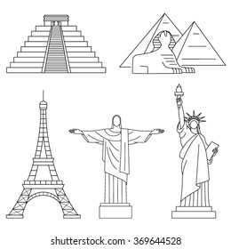 Monumentos mundiales, Torre Eiffel, Estatua de la libertad, Chichén Itza, Cristo Redentor, Esfinge. Iconos de línea del vector establecidos.