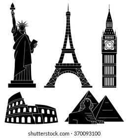 World Landmarks, Eiffel Tower, Statue of liberty, Big Ben, Colosseum, Sphinx. Vector flat icons set.