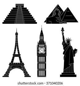 World Landmarks, Eiffel Tower, Statue of liberty, Big Ben, Chichen Itza, Sphinx. Vector flat icons set.