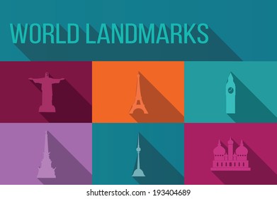 World landmarks, famous buildings, Europe, America, Asia, vector illustration