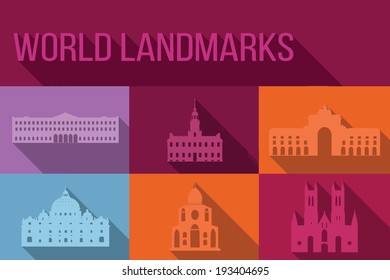 World landmarks, famous buildings, Europe, America, Asia, vector illustration