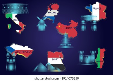 World landmarks with flags. A set of vector icons isolated on a blue background. Trend vector image.