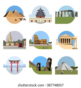 World landmarks flat icon set. Vector travel illustration. Monument sign. Egypt pyramid, Temple of Heaven, Stonehenge, Mahabodhi, Colosseum, Italy Pantheon, torii gate, Moai, Mesoamerican pyramids