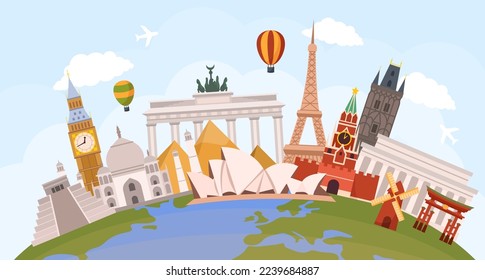 World landmarks. Global travel. Architecture and monuments. Tourists in abroad country. Famous culture heritage. City tour. Earth planet and historic buildings. Vector illustration concept svg