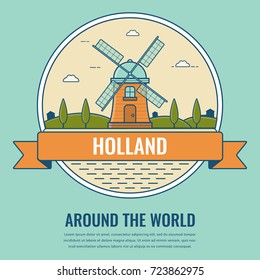 World landmarks. Holland. Travel and tourism background. Line art style. Vector illustration