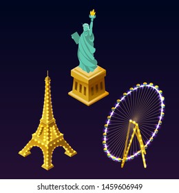 World Landmarks In Isometric Style With Lights On A Night Background. Statue Of Liberty, Eiffel Tower, Los Angeles Ferris Wheel